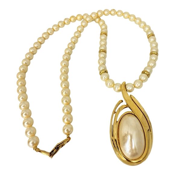 Vintage Napier Faux Pearl Gold Tone Pendant Necklace 24" - Picture 6 of 13